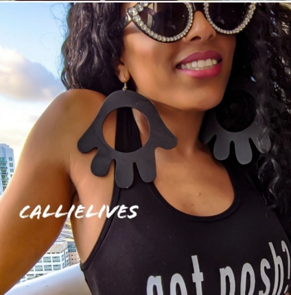 New Painted Wooden Hand Tribal Earrings in Black